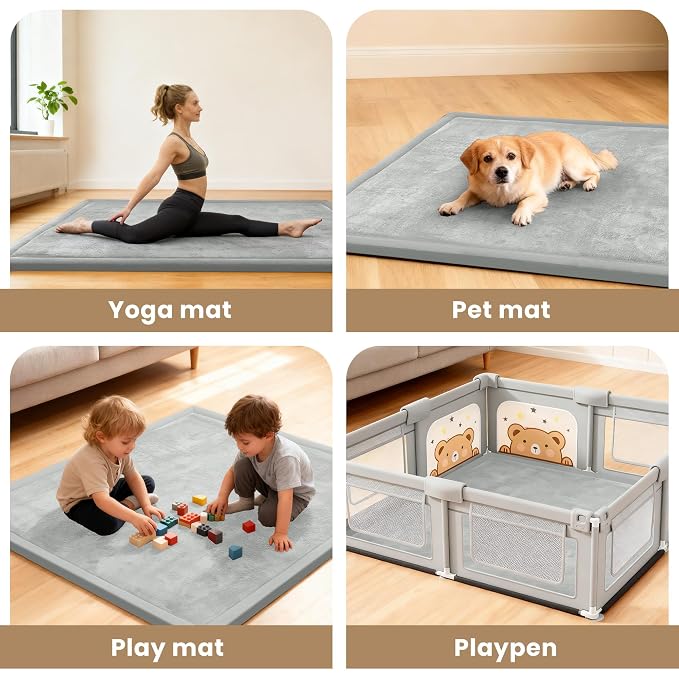 ACOMOPACK Baby Play Mat for Floor,1.3" Thick Elasti-Foam 59"×71" Non-Slip Water Repellent,Non-Toxic Playpen Mat for Infants Toddlers Kids, Ultra Soft Coral Velvet for Tummy Time Crawling（Light Grey）