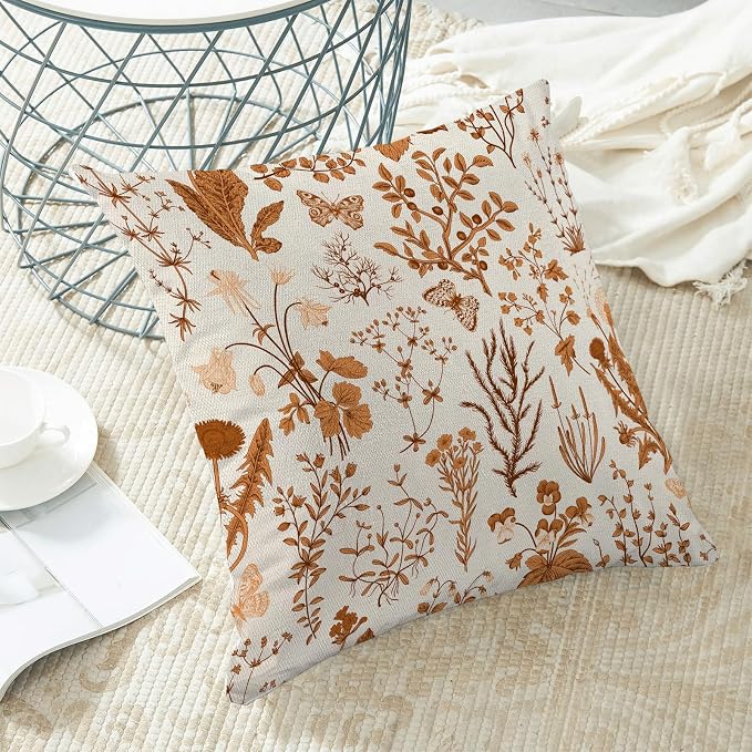 AEIOAE Fall Pillow Covers 16x16 Inch Set of 2,Burnt Orange Wild Flower Plant Throw Pillows Case,Seasonal Floral Outdoor Decorative Square Linen Farmhouse Decor Cushion Covers for Home Sofa Bed Couch
