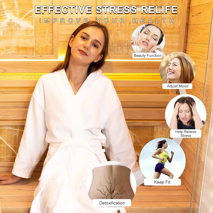 Smartmak Wood Home Steam Sauna, WiFi Control 3 Person Canadian Hemlock Traditional Luxurious Wooden Indoor Spa Room, with 4.5 kw Harvia Stove, Speaker, Rocks, Water Bucket, Spoon, Sky Lights