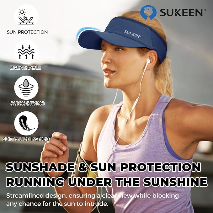 Sukeen Lightweight Sports Sun Visor Hat for Men Women | Packable, breathable, quick-dry, UPF50+ cooling visor hat, stretch fit, for running, tennis, golf, pickleball, softball