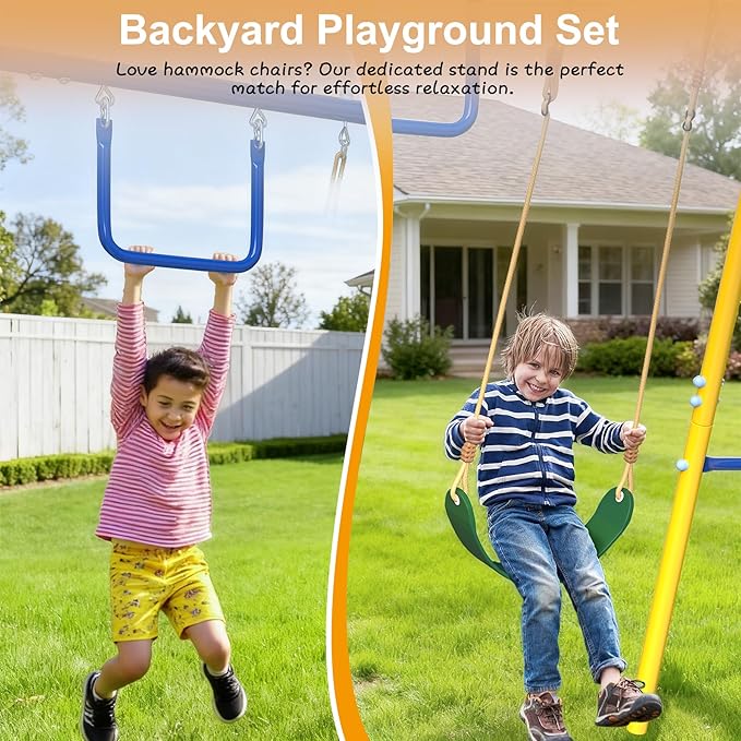 Heavy-Duty 5-in-1 Metal Swing Set for Backyard, Outdoor Playset for Kids 3-12 with Slide, 2 Swings, Basketball Hoop & Gymnastic Rings, Easy Assembly