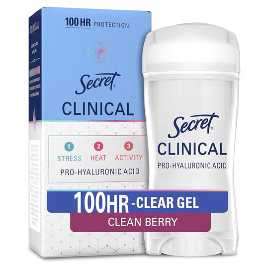 Secret Clinical Strength 100HR Sweat & Odor, Clear Gel Antiperspirant Deodorant for Women, 3X Stress Protection with Hyaluronic Acid, PH Balancing Minerals, Clean Berry Scent, 2.6 oz