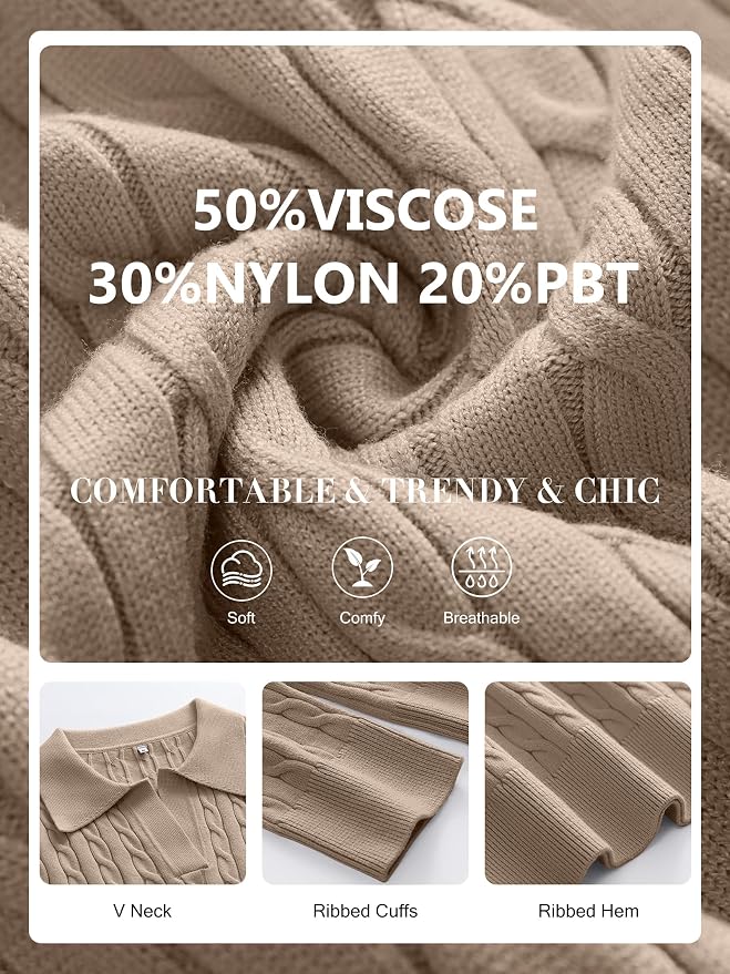 ANRABESS Womens Cable Knit Sweaters Long Sleeve V Neck | Pullover Collared Sweater Tops, Polo Knit Shirts, Business Casual Work, Tennis Golf, Fall Winter Fashion Outfits