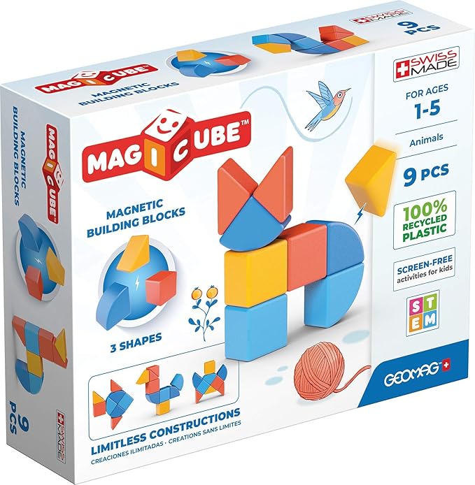 Geomag Magicube 9pcs Magnetic Blocks - Magnetic Building Blocks for Toddlers 1-3, Montessori Toys for 1+ Year Old, Autism Sensory Product, Magnets for Kids