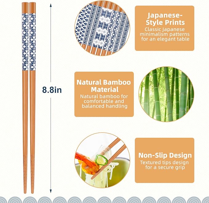 Antner 5 Pairs Natural Bamboo Chopsticks Reusable Classic Japanese Style Chop Sticks Gift Sets, Dishwasher Safe, 8.8 Inch/22.5cm