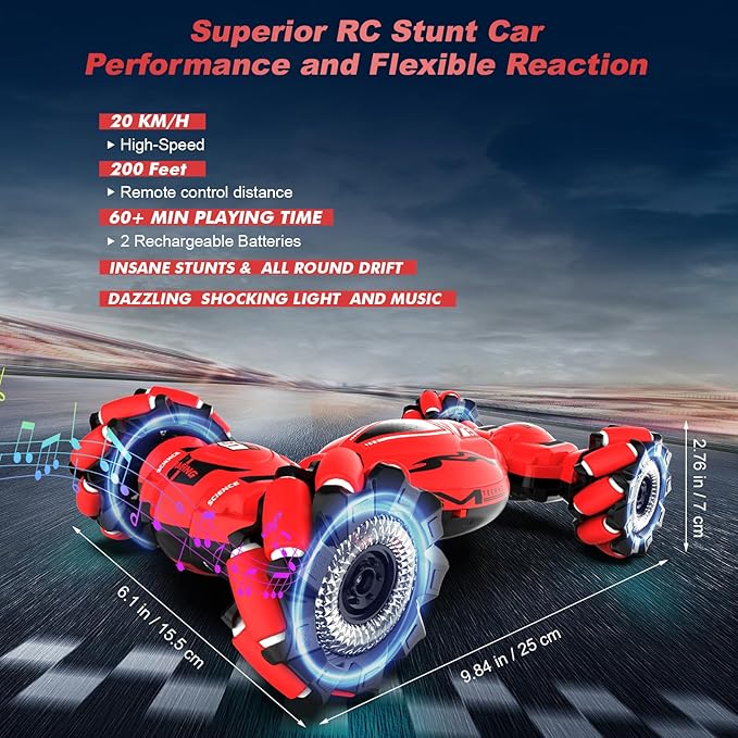 RC Car Toys for Boys Girls 6-12, Birthday Xmas Gifts for 6 7 8 9 10 11 12 Years Old, Gesture Sensing RC Stunt Car with Lights Music 2.4GHz 4WD Hand Remote Control 360° Rotate All-Round Drift