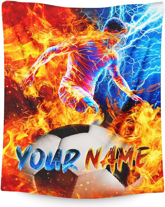 Personalized Blanket Gift for Boys Men Soccer Throw Blankets for Kids Teens, 50x60 Inches Lightweight Comfy Soft Cool Custom Sport Throw for Sofa Couch Chair Bedroom