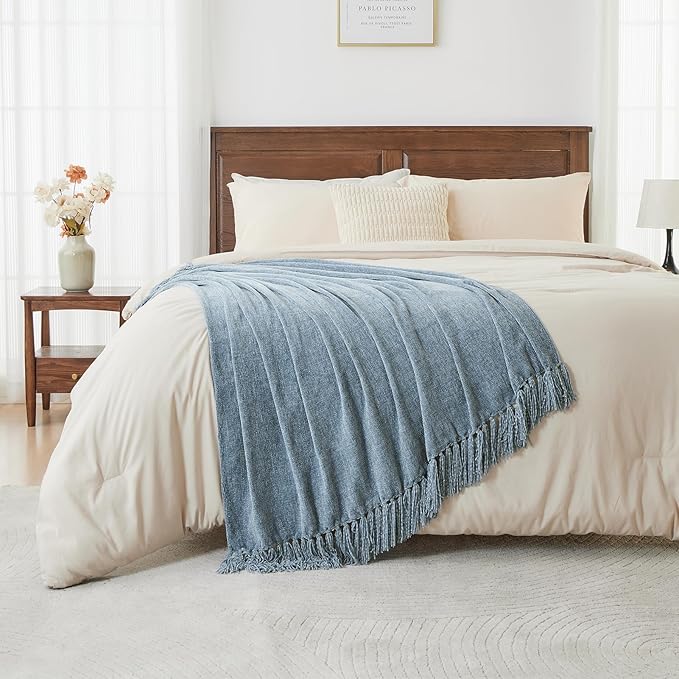 CozeCube Chenille Throw Blanket, Dusty Blue Fringe Blanket, 50"X60" | For Couch, Cozy Plush Fuzzy Decorative Blanket with Fringe Tassels, Lightweight Throws for Bed Sofa Gift Home Decor