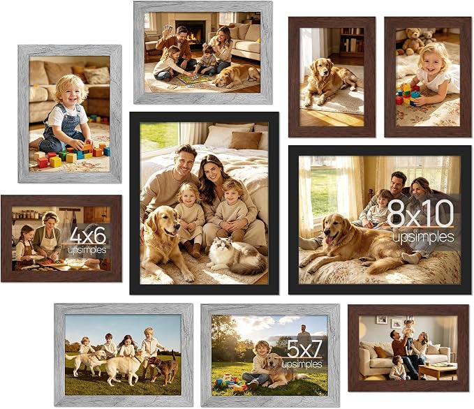 upsimples 10 Pack Picture Frames Collage Wall Decor for Mounting or Tabletop Display, Photo Gallery Frame Set for Family, Multi Sizes Including 8x10, 5x7, 4x6, Black Gray Brown | Black Brown Gray Multi Picture Frames Collage Wall Decor , Gallery Wall F...
