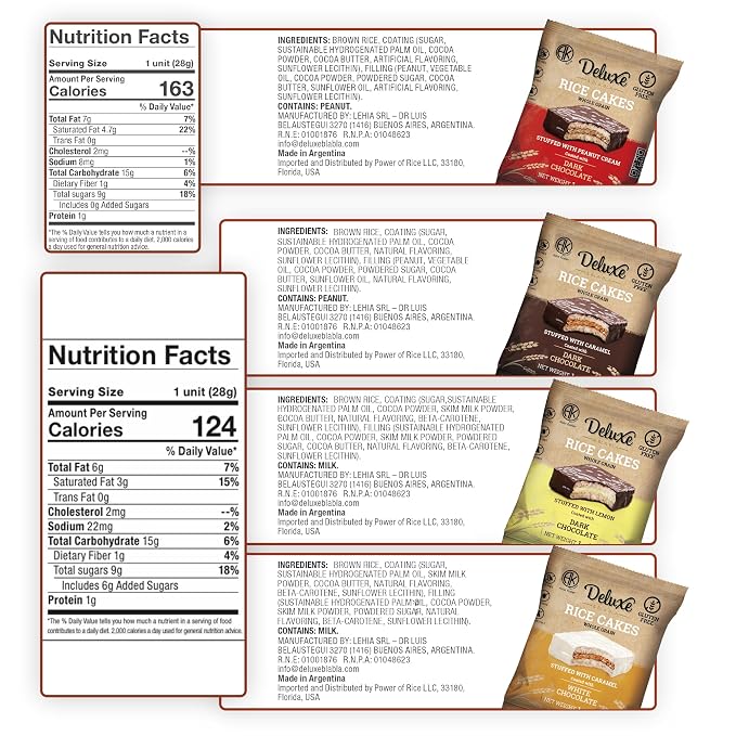 Deluxe & Bla Bla Stuffed Rice Cakes - Whole Grain Chocolate Rice Cake,Gluten Free,Low Calorie,(Alfajor) Kosher Certified - mix flavors Rice Cakes coated with Chocolate, 28g Each (6 Pack)