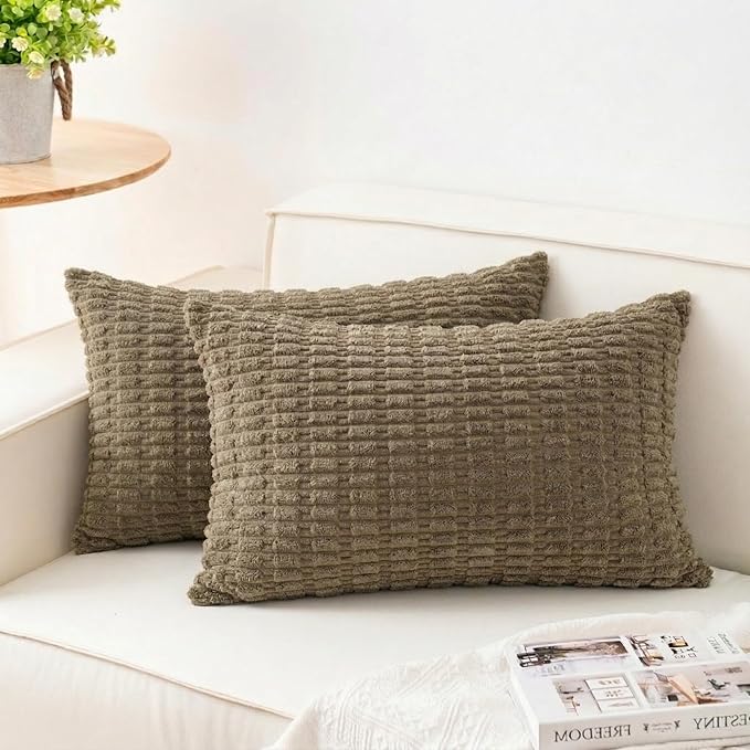 Aegero Pack of 2 Corduroy Decorative Throw Pillow Covers 12x20 Inch, Green | Fall Soft Striped Pillow Covers Modern Farmhouse Home Decor Christmas Throw Pillow Covers for Sofa Living Room Couch Bed
