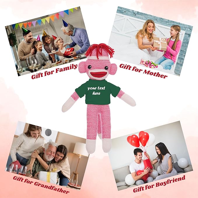 Personalized Huggable Pink Sock Monkey 8 Inch Plush Stuffed Animal Gift - Custom Text on Shirt - Perfect for Halloween Day Valentine's Day Graduation Day Birthday Present (Forest)