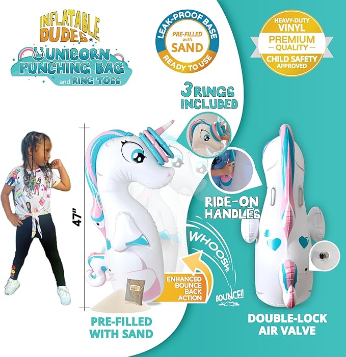 INFLATABLE DUDES Unicorn Toy 47 Inches- Kids Punching Bag| Already Filled with Sand | Bop Bag | Unicorn Ring Toss with 3 Inflatable Rings| | Unicorn Party Decorations| Punching Bag for Kids (Unique)