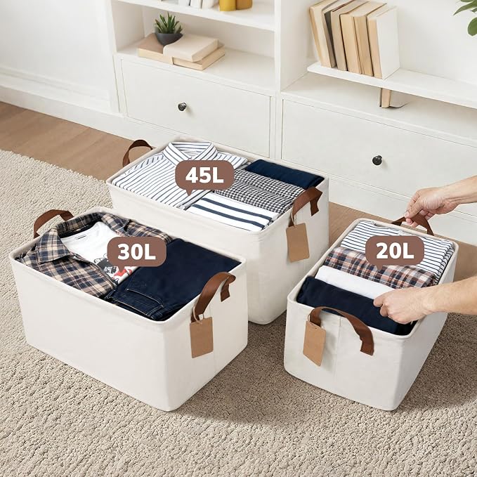 CHICVITA Extra Large Fabric Storage Baskets, Metal Frame, 2-Pack, Beige | 45L, 19" L x 13" W x 11" H, Collapsible Design, Toys, Blankets & Clothes Storage, Closet, Bedroom & Living Room Organization