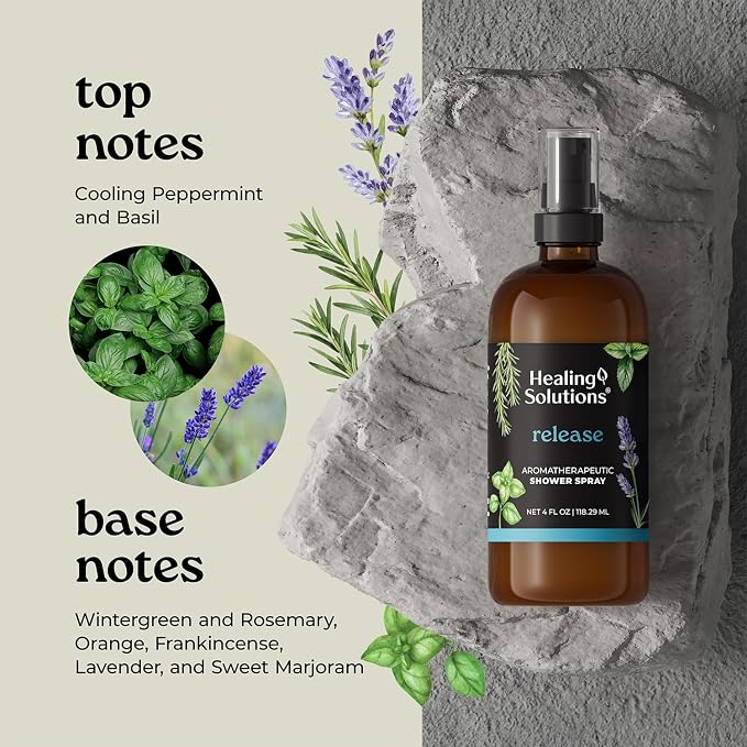 Healing Solutions Aromatherapy Shower Spray, Release Blend, 4oz, Therapeutic Grade Essential Oils, Made in the USA, At Home Spa Experience. Promotes Head Relief (4oz, Release)