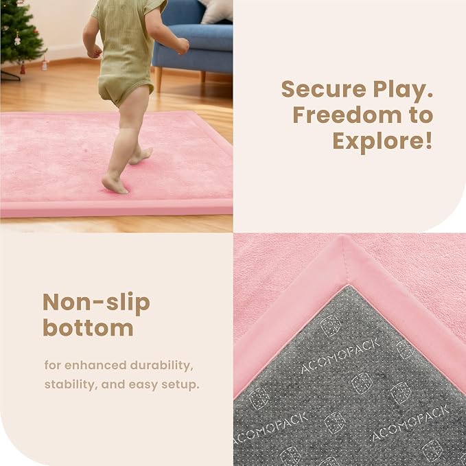 ACOMOPACK Baby Play Mat for Floor 1.3" Thick Memory Foam Play Mat 79"×157" Tummy Time Crawling with Non-Slip Bottom for Living Room,Nursery,Soft Velvet Playpen Mats for Kids,Infants（Pink）