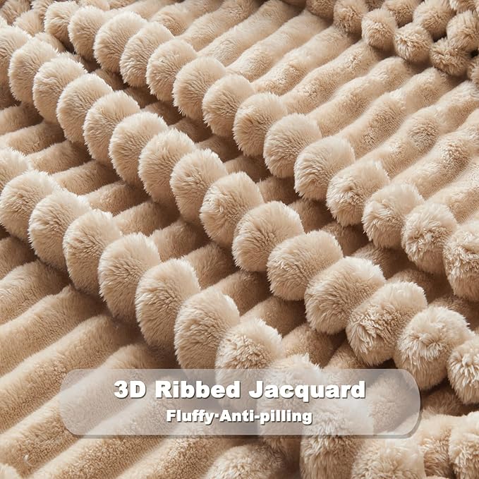 NEWCOSPLAY Super Soft Queen Blanket Brown Premium Silky Flannel Fleece 3D Ribbed Jacquard Lightweight Bed Blanket All Season Use (Brown Ribbed, Queen(90"x90"))