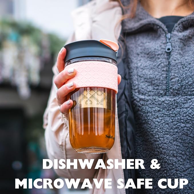 Large Travel Mug Loose Tea Infuser - Detachable Tea Strainer with Spill Proof Lid - 18oz/530ml BPA-Free Reusable Glass Travel Coffee Cup with Silicone Band (Blue, 18oz)
