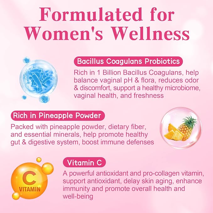 Feminine Balance Gummies for Women, Sugar Free Premium Feminine Balance Gummies for pH Balance, Healthy Odor, Vaginal Flora & Immune Support, Vegan Hawaiian Pineapple Female Vaginal Gummy, 60 Count