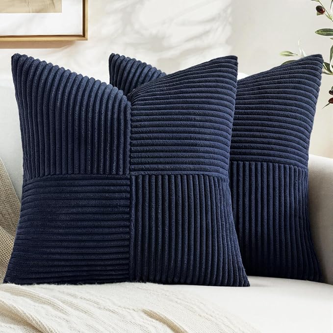 MIULEE Navy Blue Decorative Throw Pillow Covers for Couch 18x18 Inch | 2 Pack, Boho Farmhouse Pillow Covers, Soft Cross Corduroy Patchwork Textured Cushion Cases For Bed Sofa