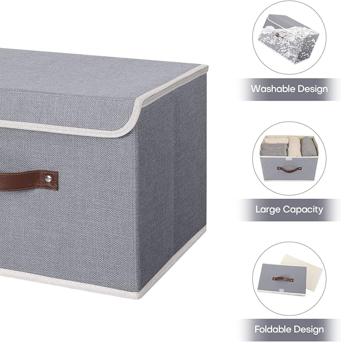 ANMINY Fabric Storage Box Bins with Lids, Gray, 15"x10"x10" | Keepsake Memory Storage, Cotton Linen, PP Board Reinforced, Washable, PU Handles, Foldable & Stackable, Decorative, Large