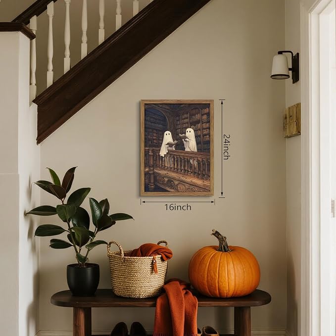 Framed Halloween Ghost Wall Art, Vintage Cute Ghost Reading Canvas Wall Decor Paintings, Dark Academia Book Artwork Poster Print Picture for Library Bedroom Living Room 16x24 Inch