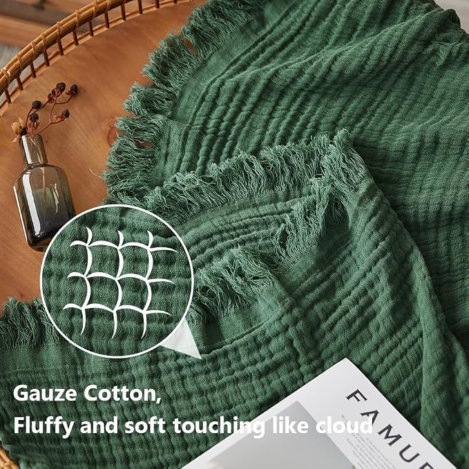 Simple&Opulence Cotton Muslin Throw Blanket for Bed, Couch, Knit Woven Gauze Blanket with Tassels, Soft Lightweight Cozy Pre-Washed Breathable Farmhouse Decoration for All-Season (Olive Green)
