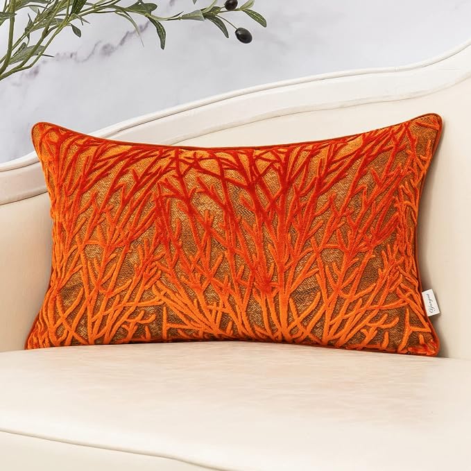 Orange Throw Pillow Cover Velvet Cushion Cover Branches Rectangular Pillowcase for Sofa Couch Bedroom Living Room, 12x20 Inch