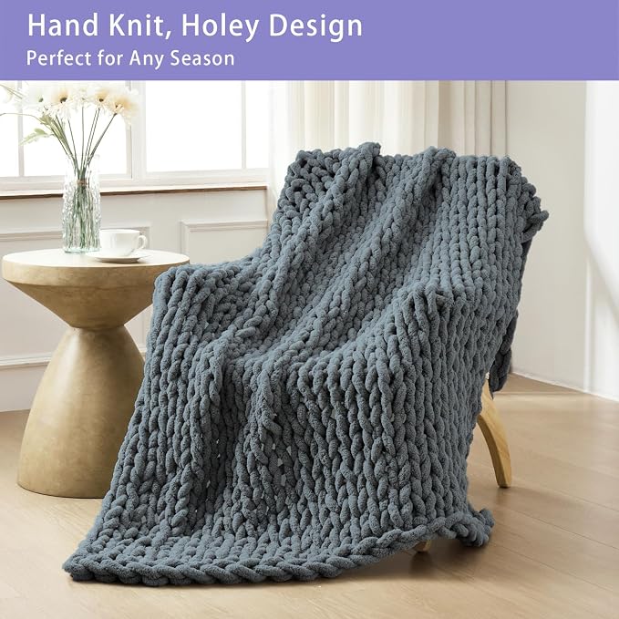 Bigacogo Chunky Knit Throw Blanket for Couch, 80x90 inches, Iron Gray | Hand Knit with Jumbo Chenille, Soft Breathable Cable Knit for Sofa Bed Living Room, Machine Washable, Gift for Mom Friend