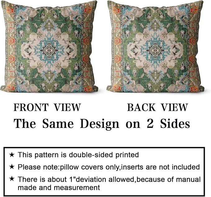 Snycler Boho Throw Pillow Covers 20x20 inch Set of 2 Boho Rug Carpet Double Sided Pattern Cotton Soft Pillow Case Cushion Cover Pillowcase for Couch Sofa Bed Decorative (Green)