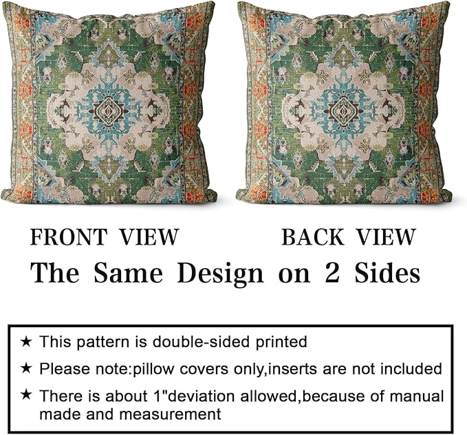 Snycler Boho Throw Pillow Covers 24x24 inch Set of 2 Boho Rug Carpet Double Sided Pattern Cotton Soft Pillow Case Cushion Cover Pillowcase for Couch Sofa Bed Decorative (Green)