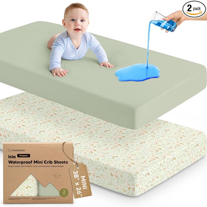 2-Pack Waterproof Pack and Play Sheets, Mini Crib Sheets Fitted for Boy, Girl - 38 x 26 Viscose from Bamboo Pack N Play Mattress Sheets for Graco, Toddler Playard Baby Crib Sheets Neutral (Foxtrot)