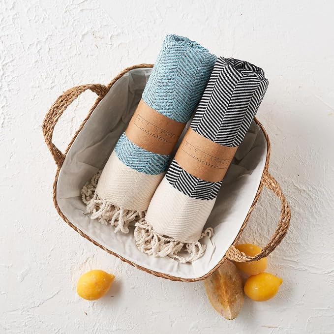 BAY LAUREL Turkish Hand Towel – Pack of 2 | Soft & Absorbent Decorative Towels for Bathroom, Hand, Face, Hair, Gym, Yoga, SPA, Kitchen & Tea | Boho Decor (Black, Herringbone 15x26 Inches (Set of 2)