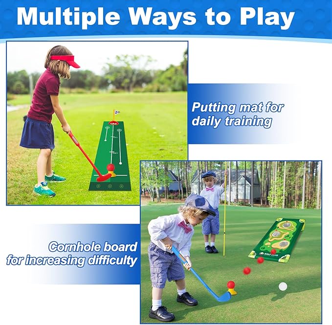 Toddler Golf Set for Boys Girls 2 3 4 5 Years Old, Upgraded Kids Golf Cart with Putting Mat & Cornhole Board, Outdoor Indoor Sports Toys, Blue