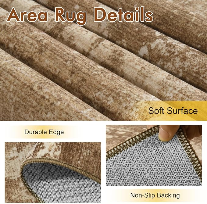 4Ft Round Area Rugs for Living Room, Soft Non-Slip Washable Rugs Modern Abstract Pattern Carpet for Bedroom Indoor Floor Nursery Home Decor (Brown)