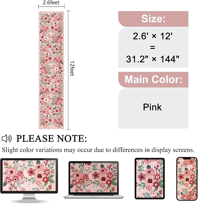DUKINO 2.6x12 Washable Runner Rug, Floral Non Slip Long Kitchen Rug, Pink | Low Pile, Stain Resistant, Soft Throw Rugs Runner for Hallway, Entryway, Bedroom, Bathroom, Modern Home Decor, Non-Shedding