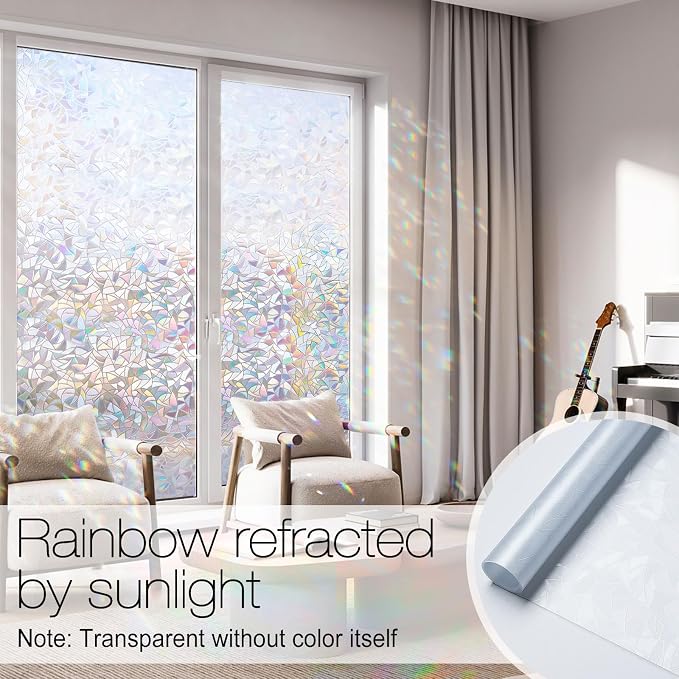 rabbitgoo Rainbow Window Privacy Film, Stained Glass Cling, 29.5" x 78.7" | Decorative Static Sticker, Non-Adhesive Reusable Window Tint, Heat Control UV Blocking Coverings for Home Doors, Living Room