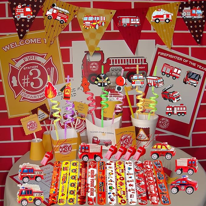 Fire Truck Party Favors Set - 110 Pcs with Firefighter Stickers, Slap Bracelets, Drinking Straws & More for Firefighter Themed Birthday Party