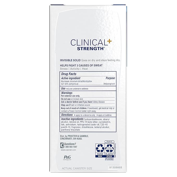 Secret Clinical Strength 100HR Sweat & Odor, Invisible Solid Antiperspirant Deodorant for Women, 3X Stress Protection with Hyaluronic Acid, PH Balanced, Clean Lavender Scent, 2.6 oz (Pack of 12)