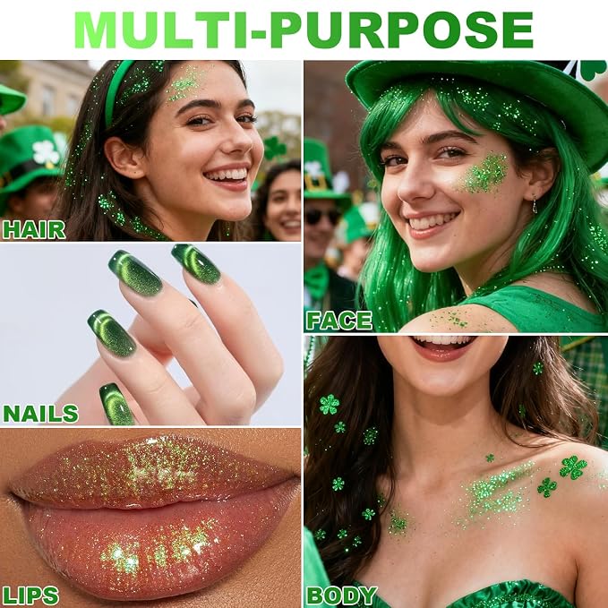 Green Face and Body Highlighter Spray for St. Patrick's Day Makeup, 0.14oz | High Gloss Powder, Waterproof Shimmer Spray for March 17th Mardi Gras Carnival Music Festival Outfits Rave Accessories