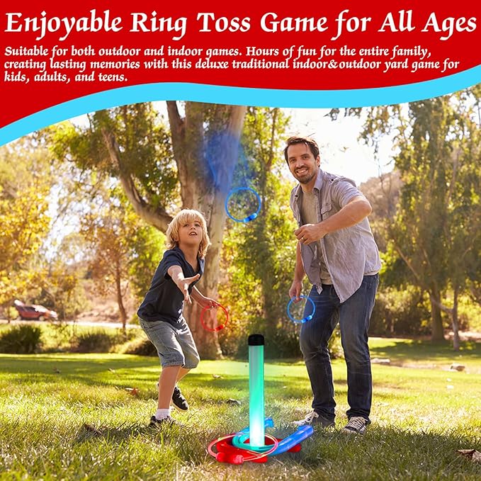 Blueweenly LED Ring Toss Game for Adults and Family, 12 Pcs, Red, Blue, Green LED Horseshoes and Hoop Rings, Outdoor Yard Games
