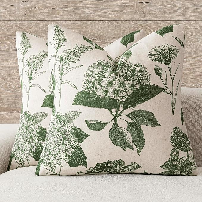 Foindtower Set of 2 Linen Floral Throw Pillow Covers Neutral Vintage Print Decorative Cozy Cushion Covers Farmhouse Boho Home Decor for Sofa Chair Couch Bedroom Living Room,24×24 Inch,Dark Green