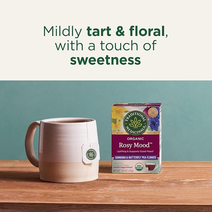 Traditional Medicinals Organic, Rosy Mood, Damiana & Butterfly Pea Flower - Uplifting Mood Support - Kosher, Non-GMO, Caffeine-Free, Compostable - 16 Tea Bags