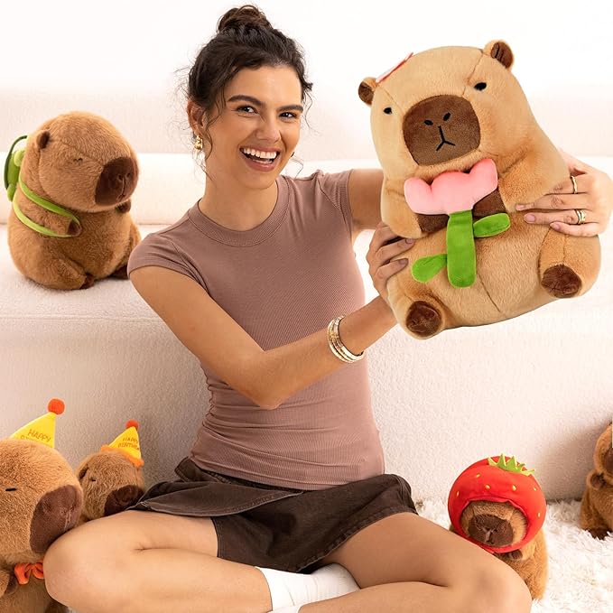 Ditucu Cute Capybara Plush Pillow Holding Flower Capibara Stuffed Animal Plushies Toys for Gifts for Kids Girlfriend Brown 13.7 inch