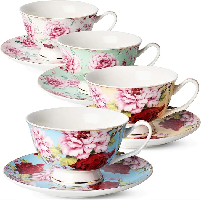BTaT- Floral Tea Cups and Saucers Set of 4, 7 oz | Porcelain Tea Cup Set Assorted Colors Gold Trim Dishwasher Freezer Safe
