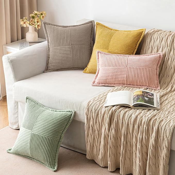 MIULEE Decorative Throw Pillow Covers for Couch 16x16 Inch Light Brown | 2 Pack, Boho Broadside Striped Patchwork Pillow Covers, Soft Corduroy Cushion Cases, For Sofa Bed Livingroom Home Decor