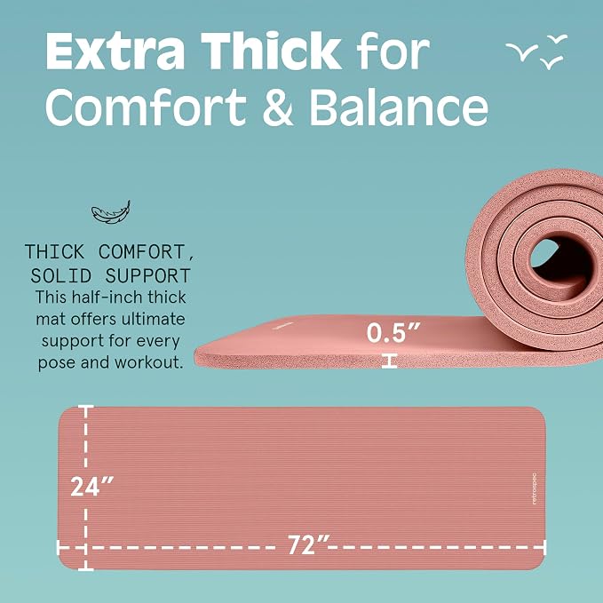 Retrospec Solana Yoga Mat Thick 1/2in Non-Slip Workout Mat with Nylon Strap - 72x24in Exercise Mat for Pilates, Stretching & Fitness - BPA Free, Easy Clean