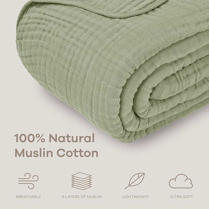 Comfy Cubs Adult Muslin Blanket 90x90” Queen Swaddle Blankets, Sage | 6 Layer Soft, Breathable & Lightweight Muslin Adult Blanket - Machine Washable & Designed in the US Bedding for All Seasons