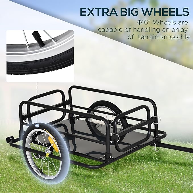 Aosom Bike Trailer, Foldable Bicycle Trailer with16 Inch Pneumatic Tire, Universal Coupler, Foldable Frame and Safe Reflectors Design, Large Load Capacity, Black