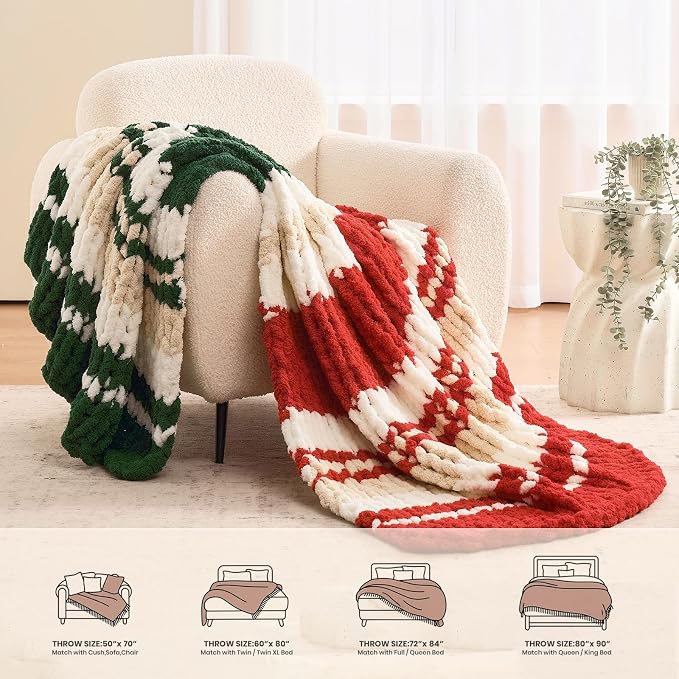 L'AGRATY Chunky Knit Throw Blanket for Couch, 50 x 60 Inches, Red Green | Handmade Chenille Crochet Blanket for Sofa Bed, Thick Cable Knitted Blankets for Room Home Decor, Birthday Gift for Women Mom